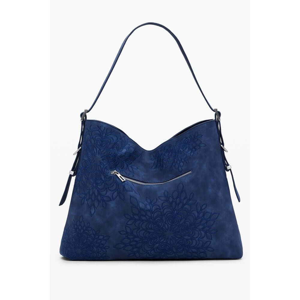 Desigual Blue Polyethylene Women Handbag with intricate embroidery and adjustable shoulder strap.