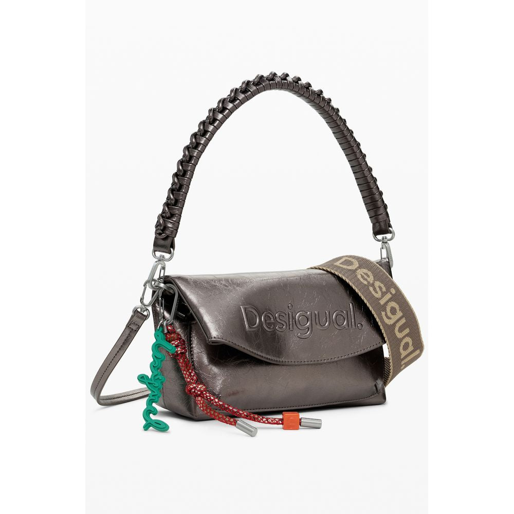 Desigual Bronze Polyethylene Women Handbag with relief logo and adjustable straps, featuring striking contrasting details and removable handle.