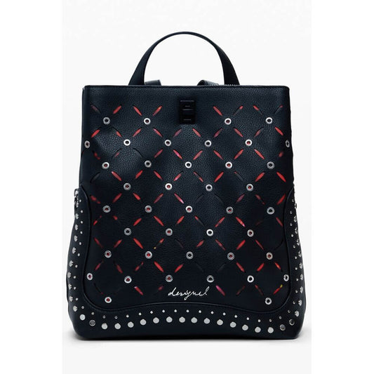 Desigual Black Polyethylene Women Backpack with studded finish, adjustable straps, and external pocket for style and practicality.
