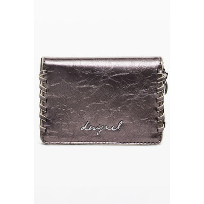 Desigual Bronze Polyethylene Women Wallet with signature embroidery and zip closure, featuring coin purse and card spaces.