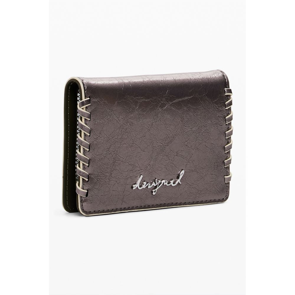 Desigual Bronze Polyethylene Women Wallet with embroidery, compact design, zip closure, and card holder. Perfect blend of style and function.
