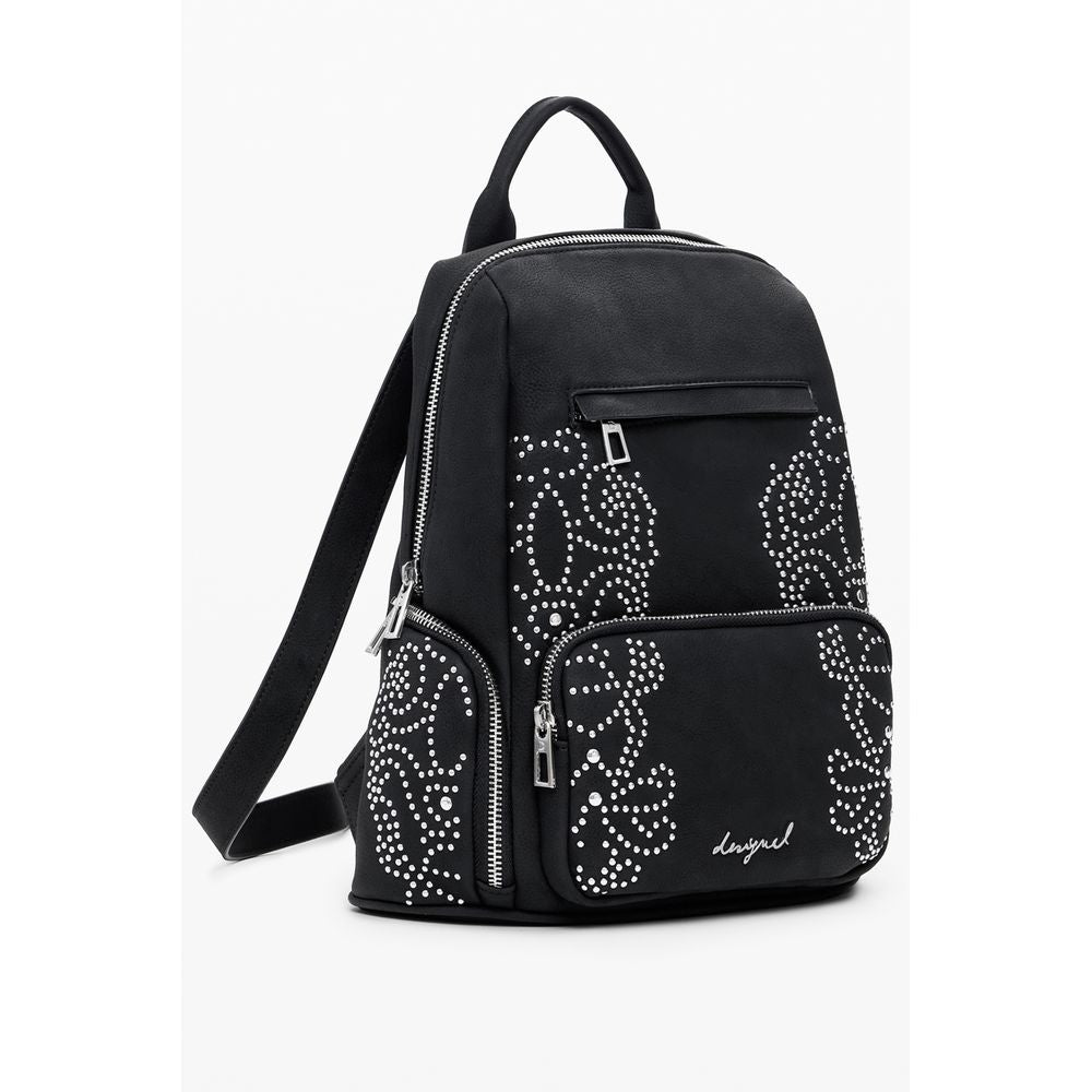 Desigual Black Polyethylene Women Backpack with studded details, zip closures, and multiple pockets for organized style.