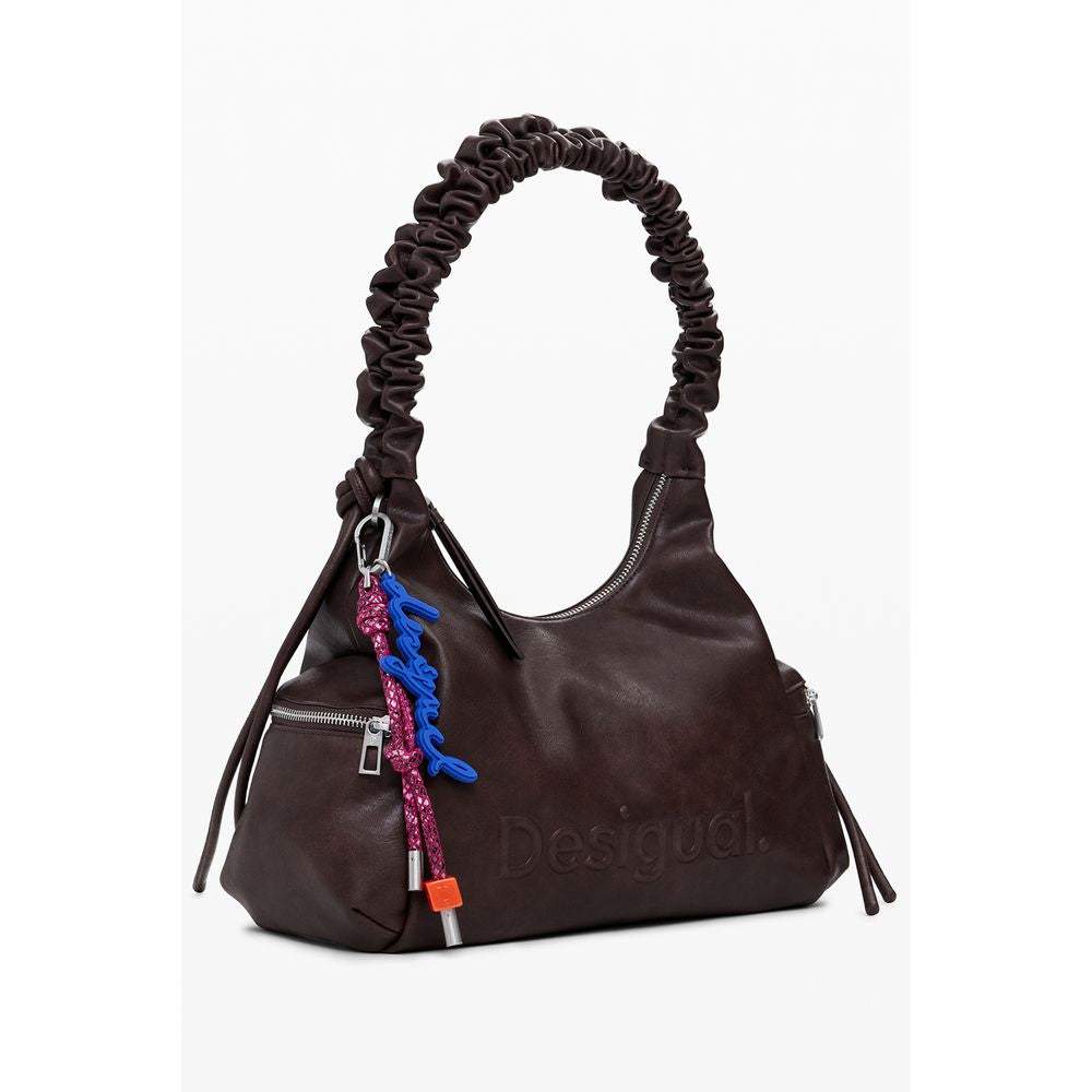 Desigual Brown Polyethylene Women Handbag with logo and multiple compartments, featuring a stylish design and contrasting details.