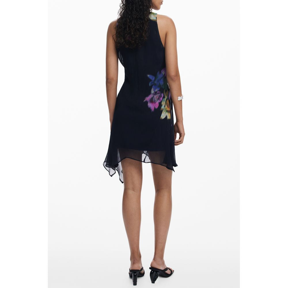 Rear view of Desigual Black Polyester Women Dress with bold print and sleeveless design, featuring a crew neck and button detail.