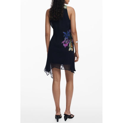 Rear view of Desigual Black Polyester Women Dress with bold print and sleeveless design, featuring a crew neck and button detail.