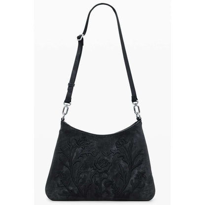 Desigual Black Polyethylene Women Handbag with floral embroidery, featuring adjustable strap and multiple compartments for versatile use.