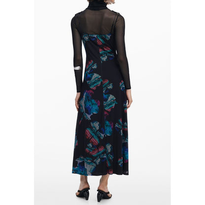 Side view of a Desigual Black Polyester Women Dress with watercolor design and layered sheer sleeves.