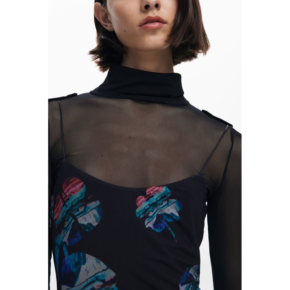 Model wearing Desigual Black Polyester Women Dress with watercolor design and sheer high-neck layer