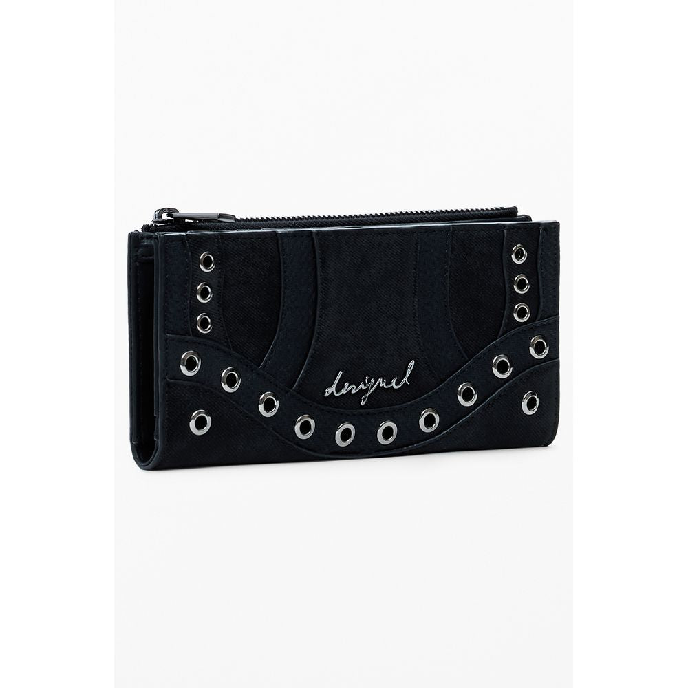 Desigual Black Polyethylene Women Wallet with stylish design, zip and snap closures, ideal for trendsetters and secure organization.