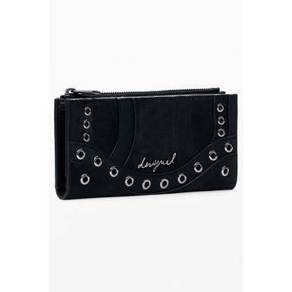 Desigual Black Polyethylene Women Wallet with stylish design, zip and snap closures, ideal for trendsetters and secure organization.