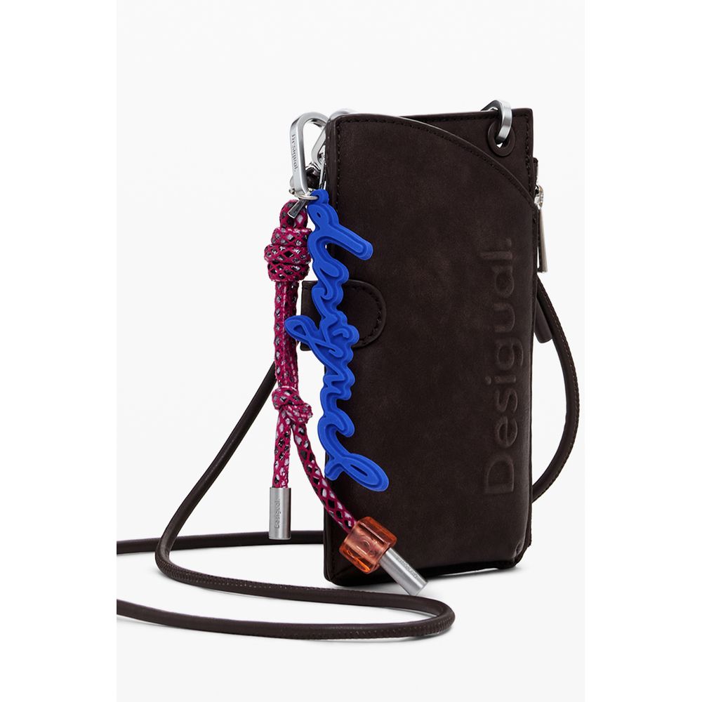 Desigual Brown Polyethylene Women Wallet with key holder and shoulder strap, featuring external pockets and coin compartment.