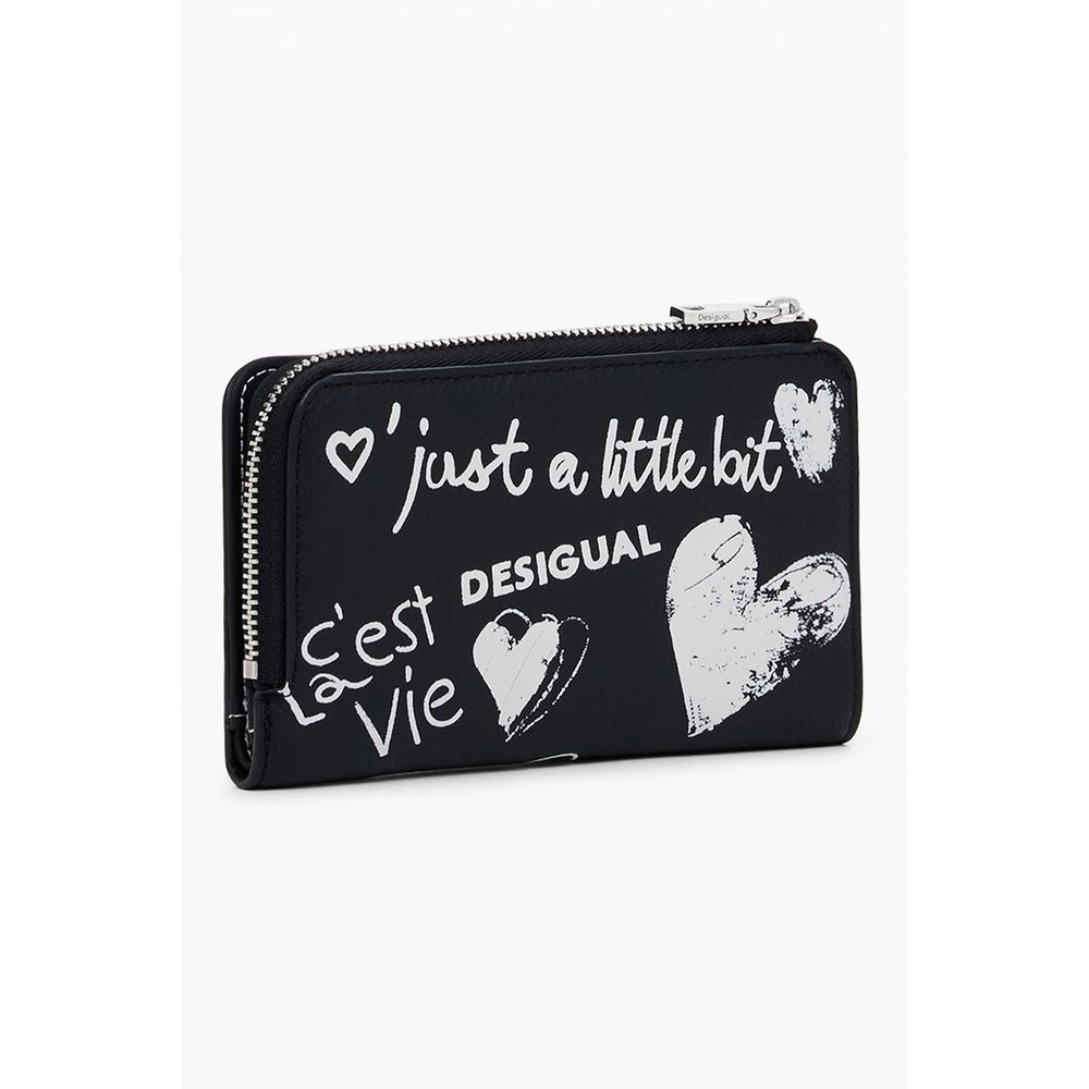 Desigual Black Polyethylene Women Wallet with bold lettering and heart designs, featuring multiple compartments and zip closure for functionality.