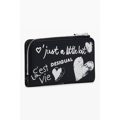 Desigual Black Polyethylene Women Wallet with bold lettering and heart designs, featuring multiple compartments and zip closure for functionality.