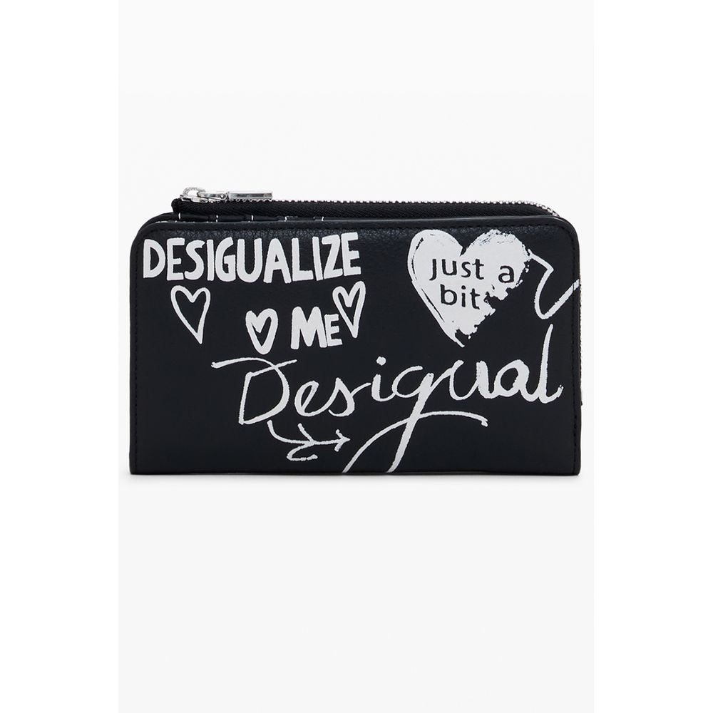 Desigual Black Polyethylene Women Wallet with bold graphic design, featuring multiple compartments and secure closures.