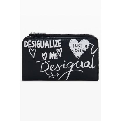Desigual Black Polyethylene Women Wallet with bold graphic design, featuring multiple compartments and secure closures.