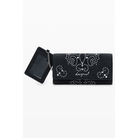 Desigual Black Polyethylene Women Wallet with studs, iconic logo, and multiple compartments for organization.