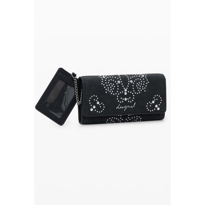Desigual Black Polyethylene Women Wallet with studs and iconic logo, showcasing compartments and zip closure for stylish organization.