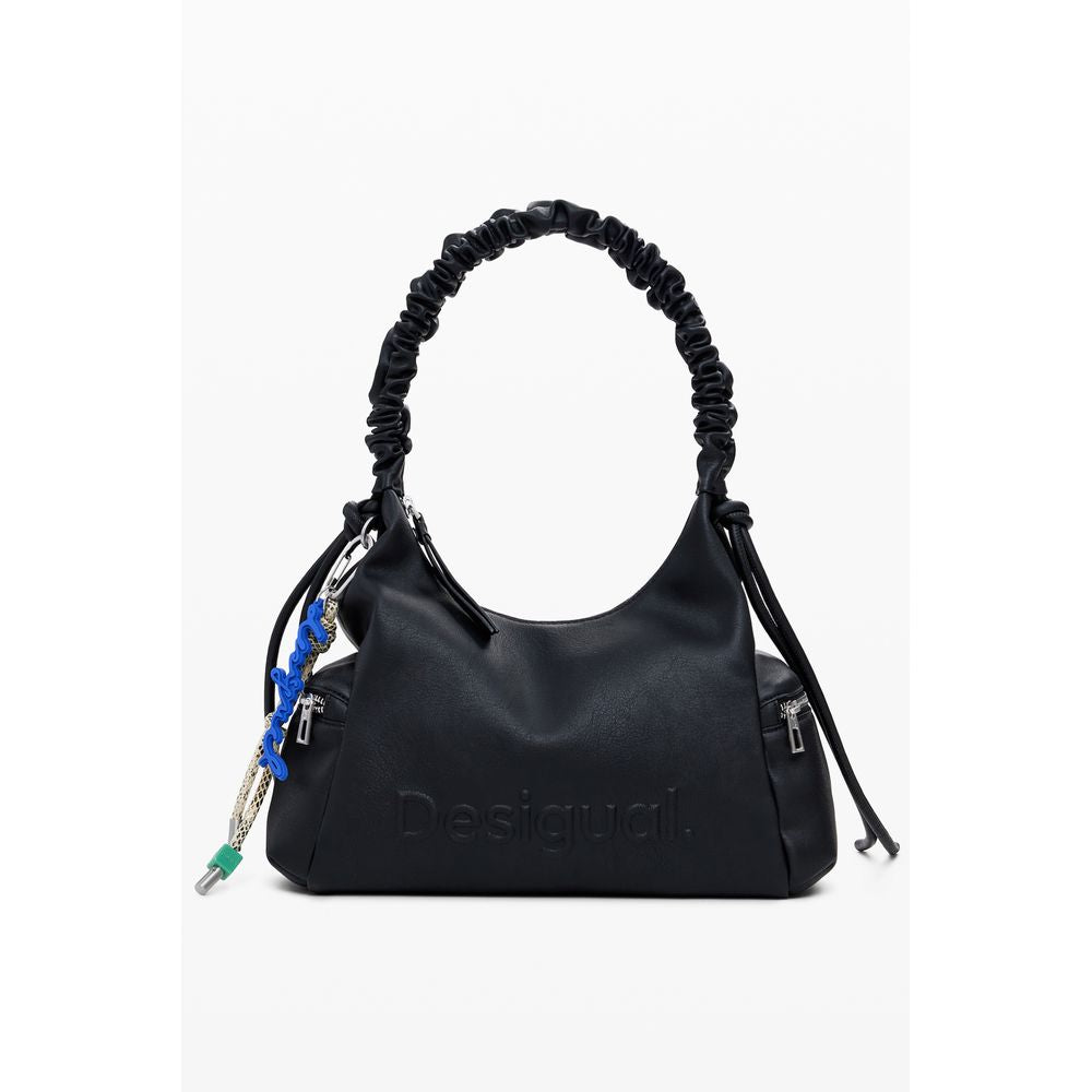 Desigual Black Polyethylene Women Handbag with shoulder handle and logo, featuring multiple pockets. Stylish, versatile design.