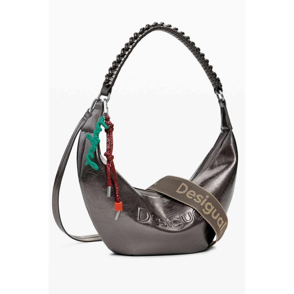 Desigual Bronze Polyethylene Women Handbag with bold relief print and removable shoulder handle.