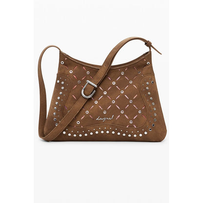 Desigual Brown Polyethylene Women Handbag with studs and adjustable strap, featuring multiple compartments and magnet closure.
