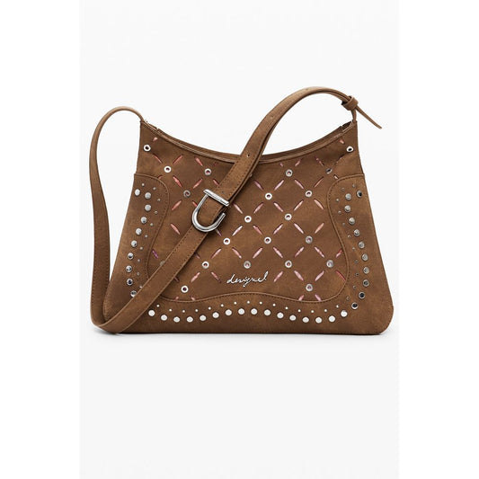 Desigual Brown Polyethylene Women Handbag with studs and adjustable strap, featuring multiple compartments and magnet closure.