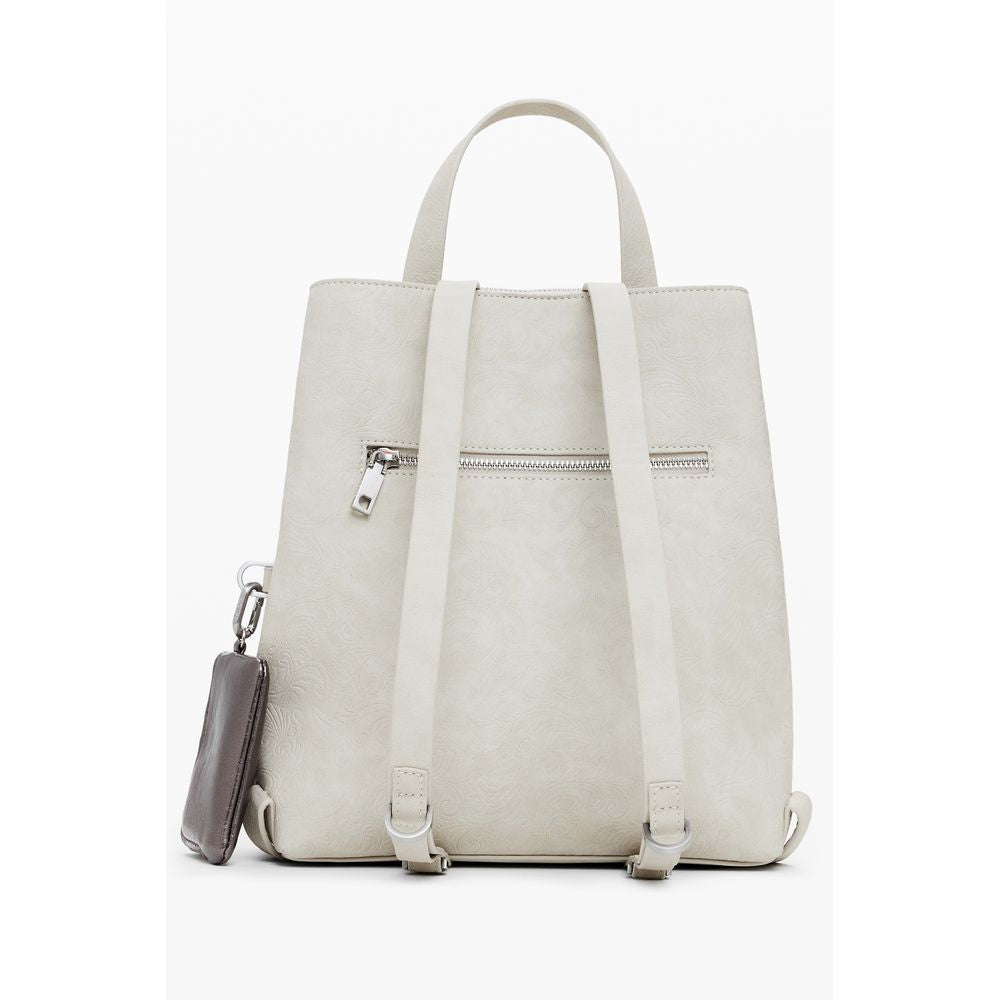 Desigual Beige Polyethylene Women Backpack with adjustable straps and external pocket, featuring a chic design and versatile storage options.