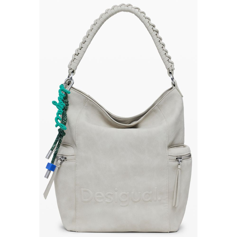 Desigual Beige Polyethylene Women Backpack with bold relief print and unique one-shoulder handle design for versatile styling.