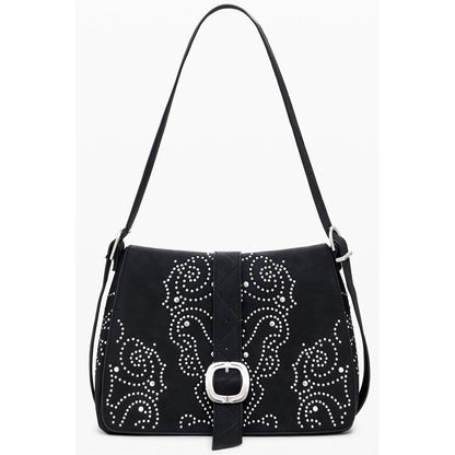 Desigual Black Polyethylene Women Handbag with studs, featuring adjustable strap and external pocket.