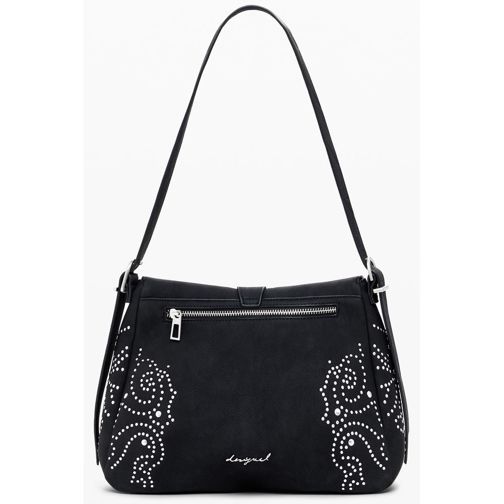 Desigual Black Polyethylene Women Handbag with studs and adjustable strap, featuring external and internal pockets for chic organization.
