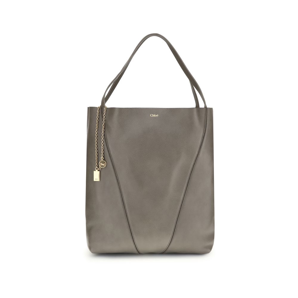 Chloé Gray Calf Leather Bos Taurus Shoulder Bag with hanging chain and horse emblem, featuring a minimalist design and elegant lines.