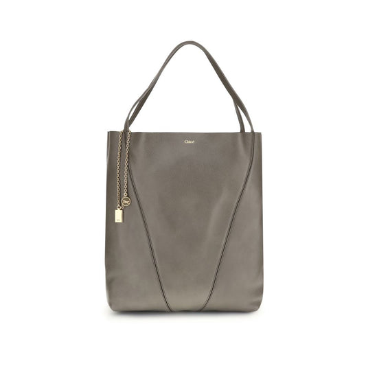 Chloé Gray Calf Leather Bos Taurus Shoulder Bag with hanging chain and horse emblem, featuring a minimalist design and elegant lines.