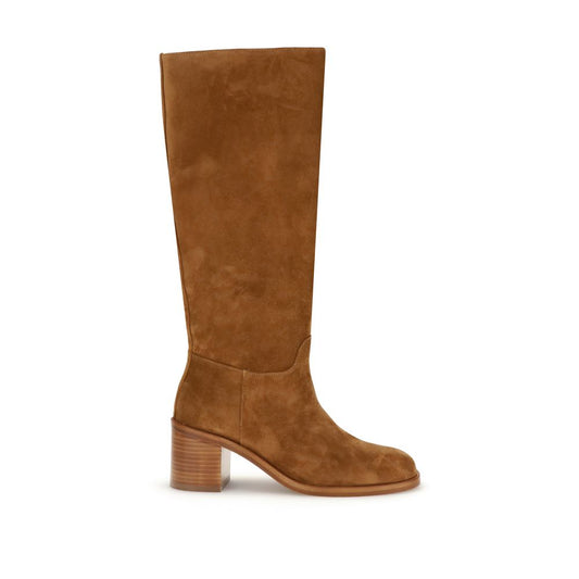 Stuart Weitzman Brown Calf Leather Bos Taurus High Heel Boots with block heel and round toe for elegant style