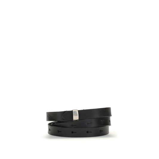 Undercover Black Leather Thin Belt with silver mini buckle, adjustable fit, 100% leather, adds minimal contemporary touch, AW25 collection.