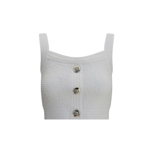 Balmain White Polyamide Top in iconic tweed with square neckline, thick straps, and embossed button front for structured elegance.