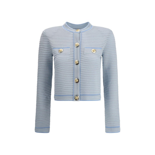 Balmain Light Blue Viscose Cardigan with gold buttons, structured design, long sleeves, and beaded trims. AW25 collection.
