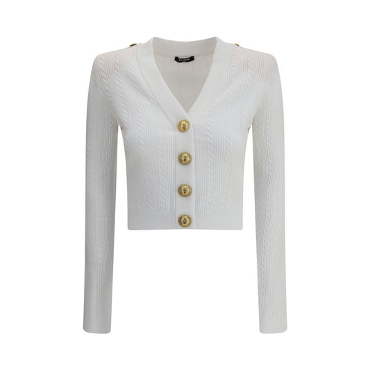 Balmain White Viscose Cardigan with ribbed design, V-neckline, structured shoulders, and embossed buttons.