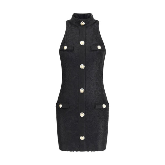 Balmain Black Viscose Cocktail Dress featuring baroque pattern, American collar, and gold embossed buttons for a luxurious touch.