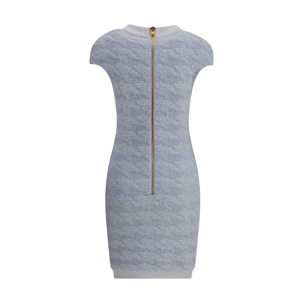 Back view of Balmain Light Blue Polyamide Casual Dress with zipper closure and embossed button details, perfect for a refined look.