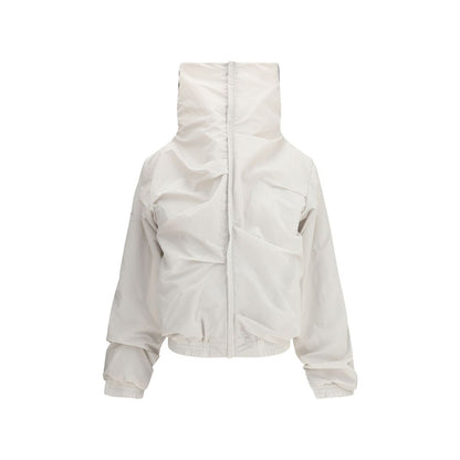 ALAINPAUL Gray Polyamide Full-Length Jacket with high collar, front zipper, and unique draping enhancing silhouette elegance.