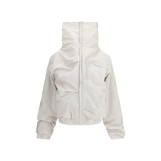 ALAINPAUL Gray Polyamide Full-Length Jacket with high collar, front zipper, and unique draping enhancing silhouette elegance.