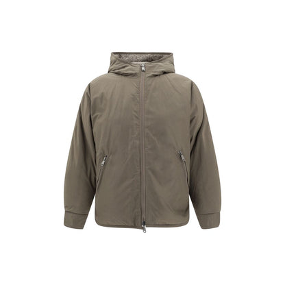 Brunello Cucinelli Brown Fleece Wool Coat with hood, versatile reversible design, and side pockets for practical elegance.