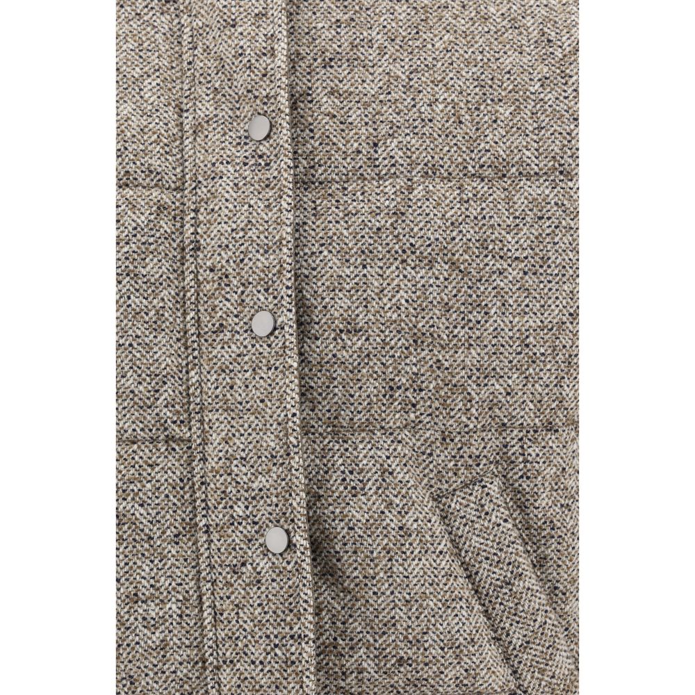 Close-up of Brunello Cucinelli Brown Fleece Wool Coat with snap closure and quilted fabric detail.