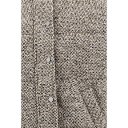 Close-up of Brunello Cucinelli Brown Fleece Wool Coat with snap closure and quilted fabric detail.