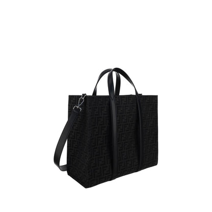 Fendi Black Polyester Shoulder Bag with FF print, rigid handles, adjustable strap, measuring 40x40x19, perfect for the AW25 season.