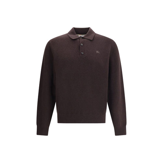 Burberry Brown Cashmere Cashmere Sweater with button placket and ribbed trim, featuring a classic design and Equestrian Knight embroidery.
