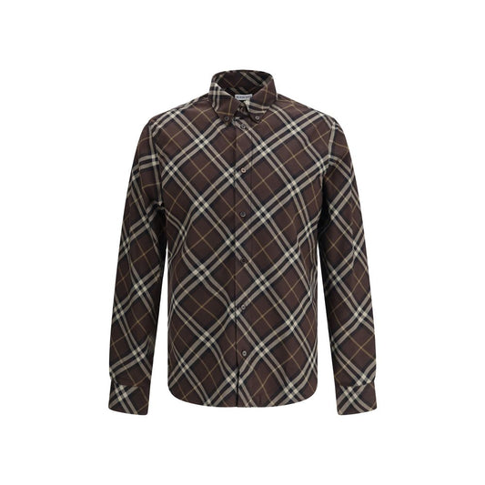 Burberry Brown Cotton Pattern Shirt with check design, long sleeves, button-down collar, and curved hem for AW25 collection.