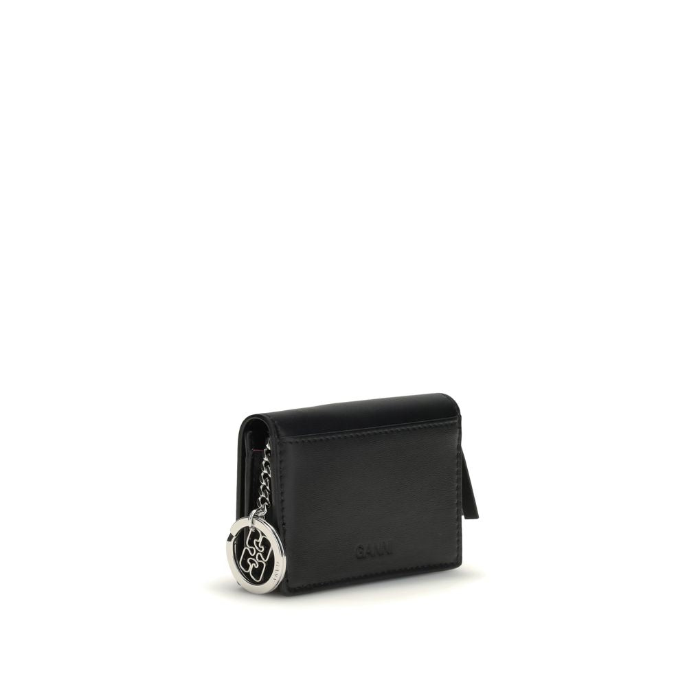 Ganni Black Recycled Leather Wallet with puppy print, butterfly logo, and silver key ring. Stylish card holder for AW25 season.