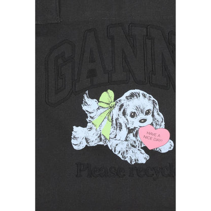 Ganni Black Cotton Shoulder Bag with puppy graphics and embroidered GANNI logo, featuring a "Have a Nice Day" heart detail.