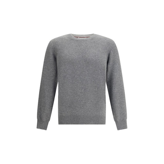 Brunello Cucinelli Gray Cashmere Cashmere Sweater with ribbed crew neck and cuffs, luxury men's wear for a stylish, elegant look.