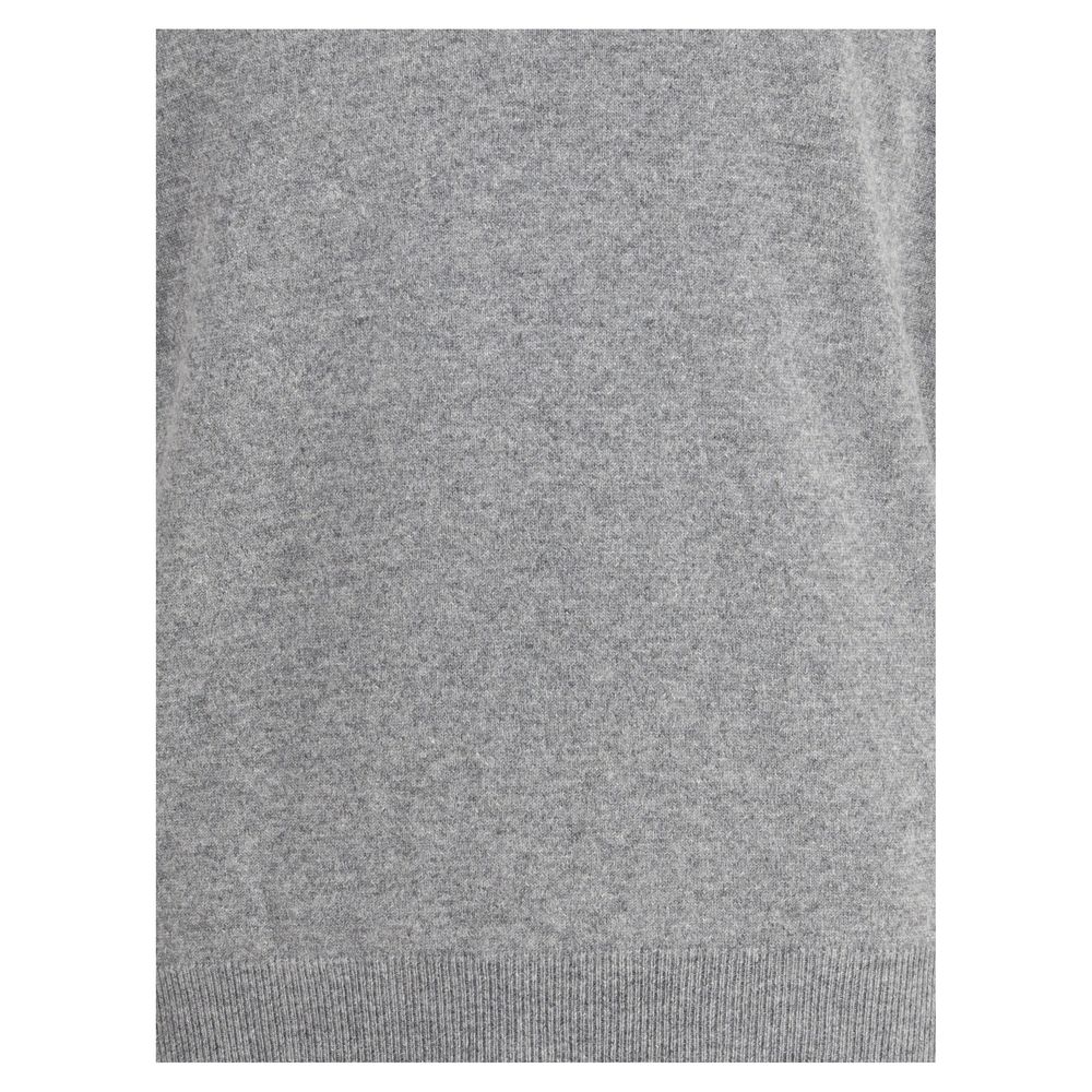 Brunello Cucinelli Gray Cashmere Cashmere Sweater with ribbed hem detail, showcasing luxurious material and sophisticated design.